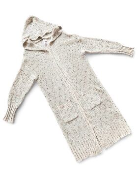 Alya Long Line Open Front Cardigan Cream with Multicolor Flecks Hooded Duster M
